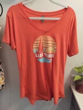 Techstyles Women's XXL Lake Tahoe Retro Sunset Sailboat V-Neck Graphic Tee Coral